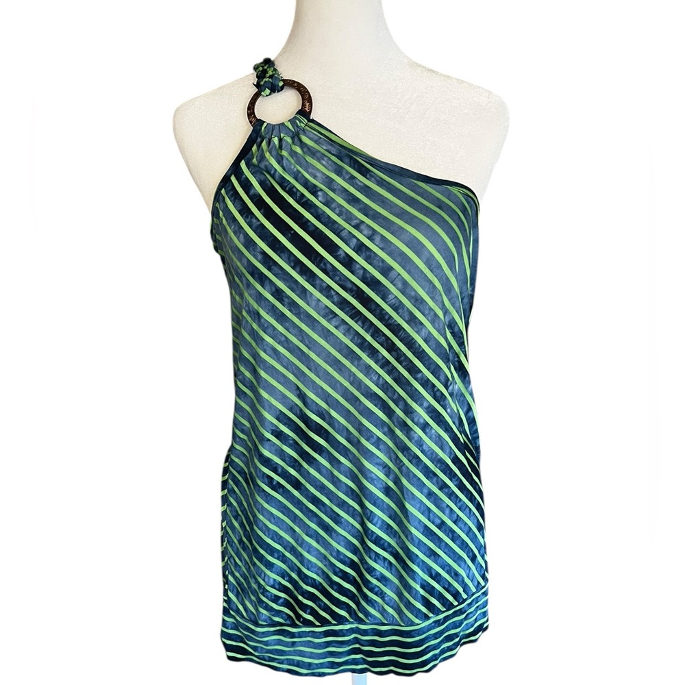 NWT VTG Y2K 2000s Going-Out Top One-Shoulder Ring-Detail Striped Blue Green SzL